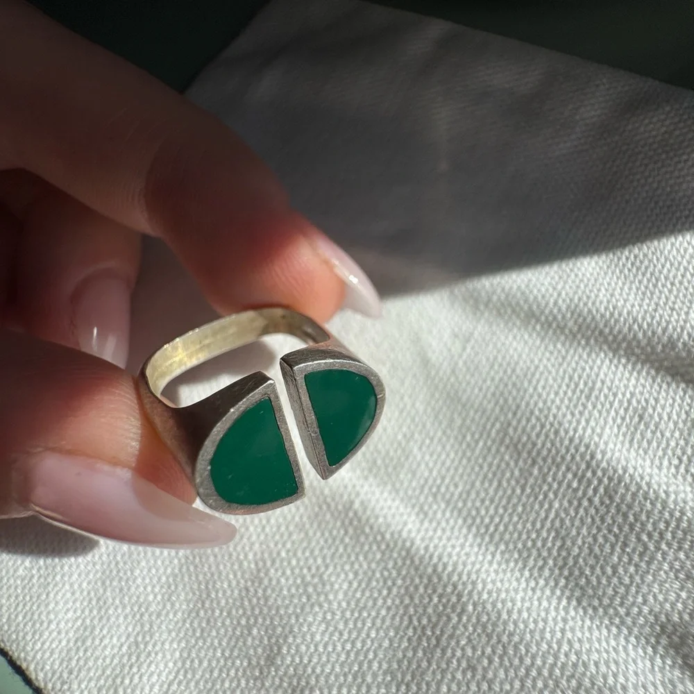 Vintage Sterling Silver and Jade Size ~8.25 Adjustable Ring 5.5g